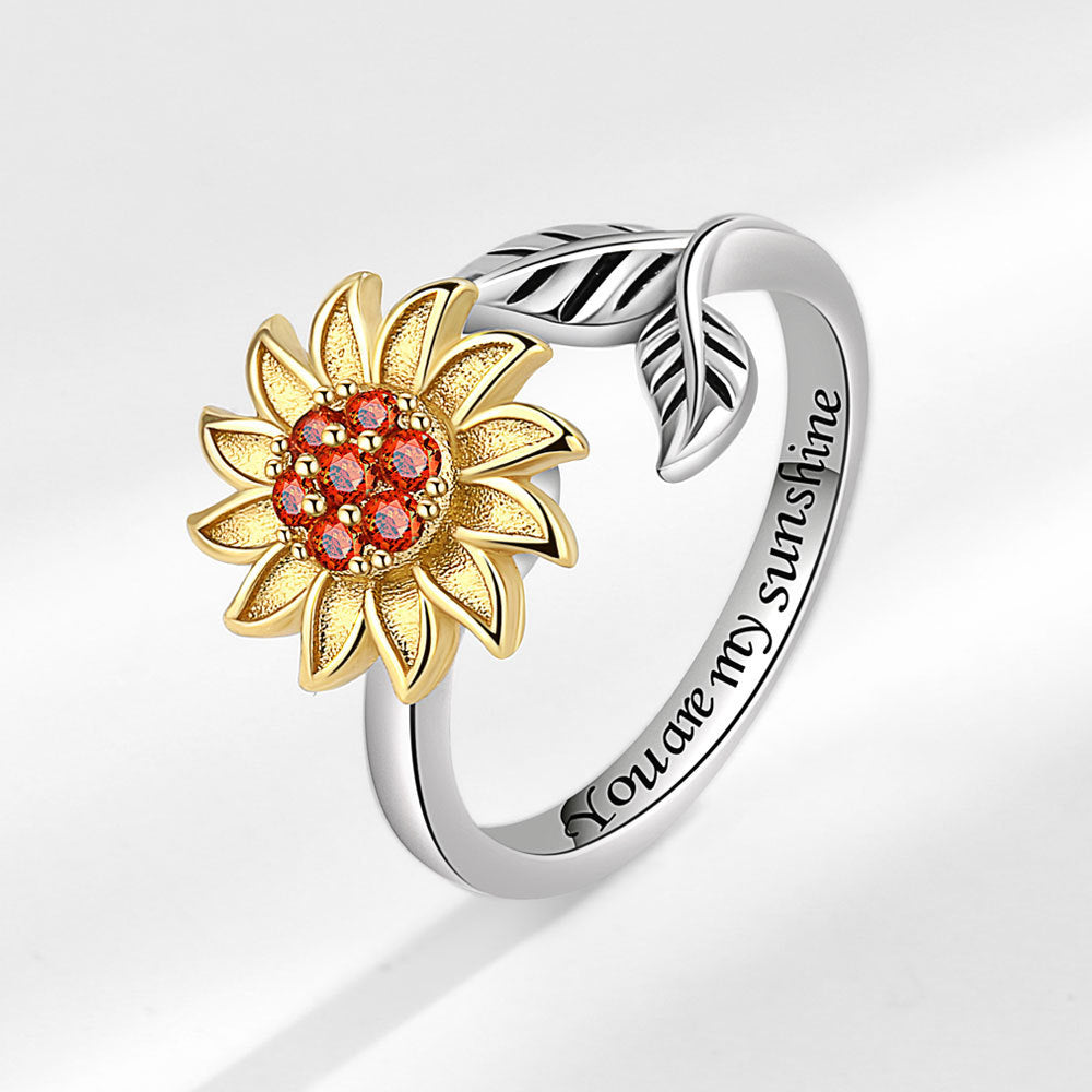 Velora adjustable sunflower ring for women with gold petals and red stones on silver band engraved with You are my sunshine