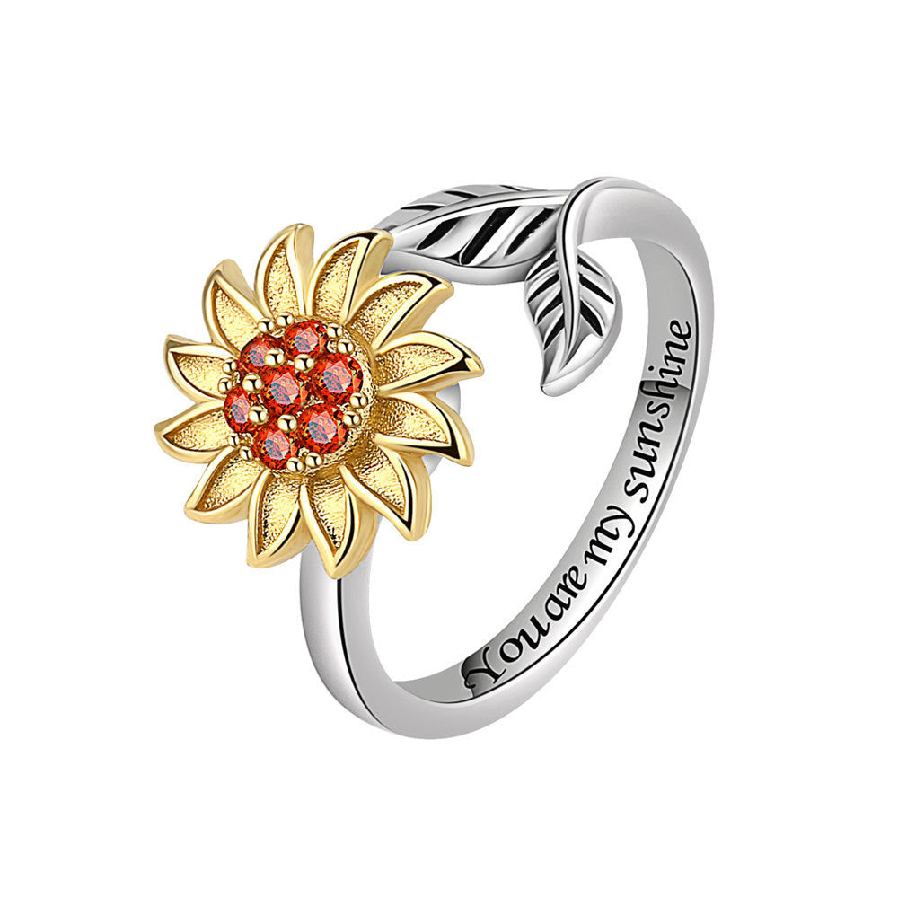 Velora adjustable sunflower ring for women with gold flower and silver band engraved You are my sunshine