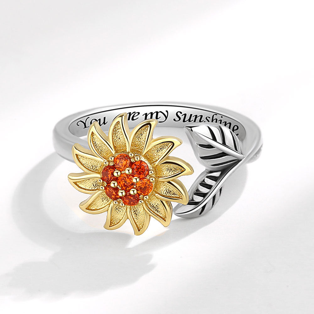 Velora adjustable sunflower ring for women with gold sunflower and silver leaf design engraved with You are my sunshine