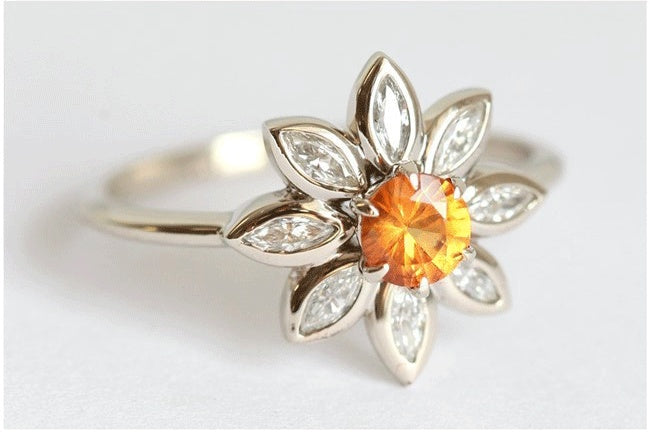 Velora Ring diamond studded sunflower ring with orange center stone and petal design