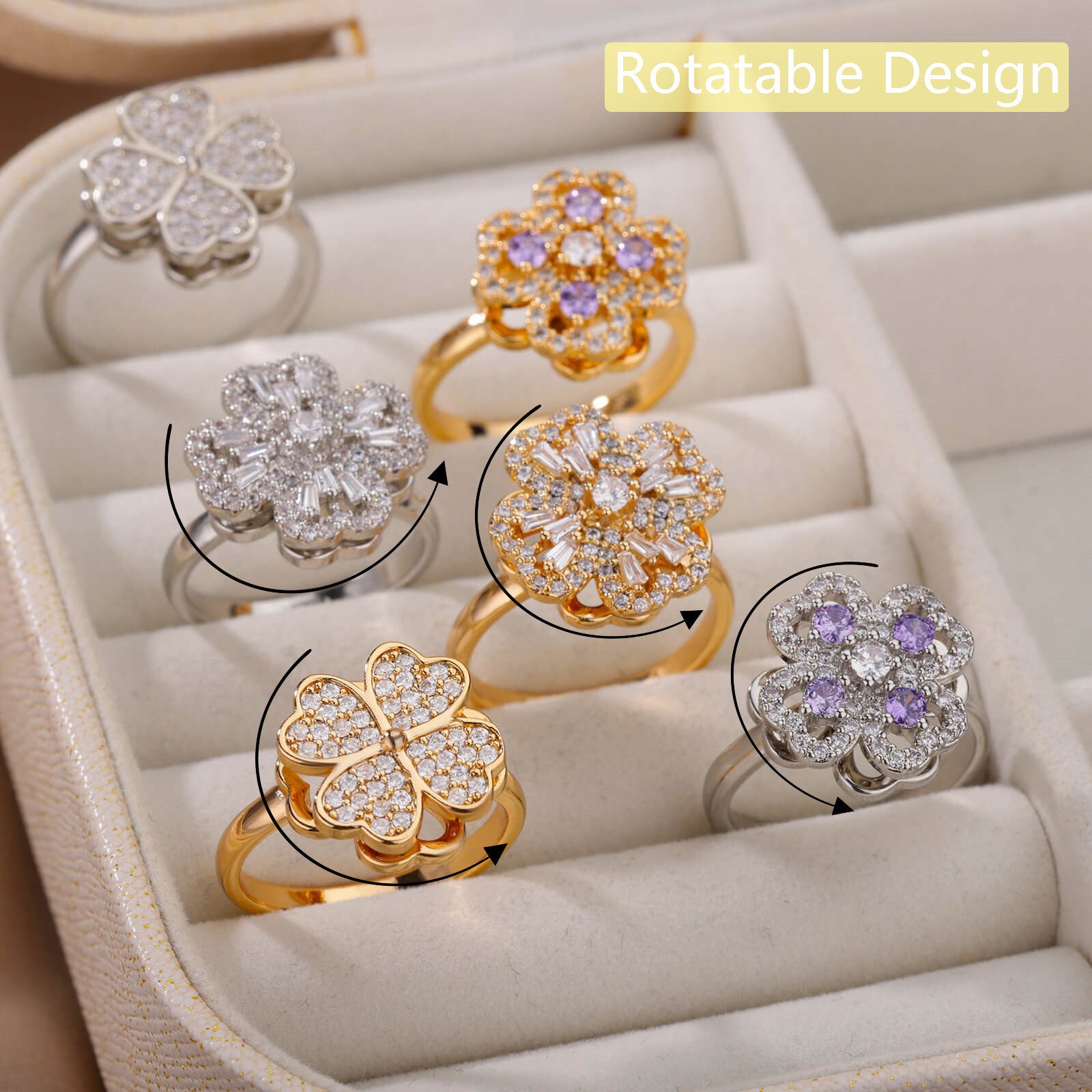 Velora Ring featuring multiple flower design anxiety ring styles in silver and gold with rotatable flower tops