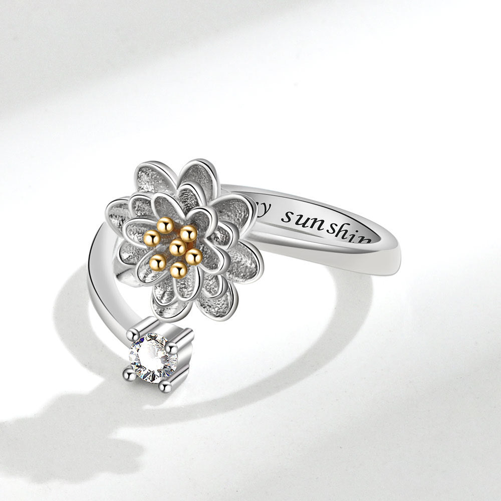 Velora Ring silver flower design with gold accents and small gemstone gift for her silver jewelry