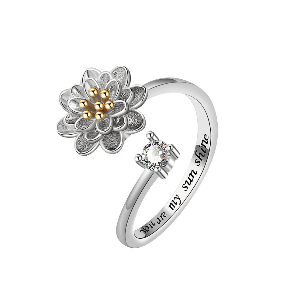 Velora Ring open design with silver flower and gemstone engraving you are my sun shine gift for her silver jewelry