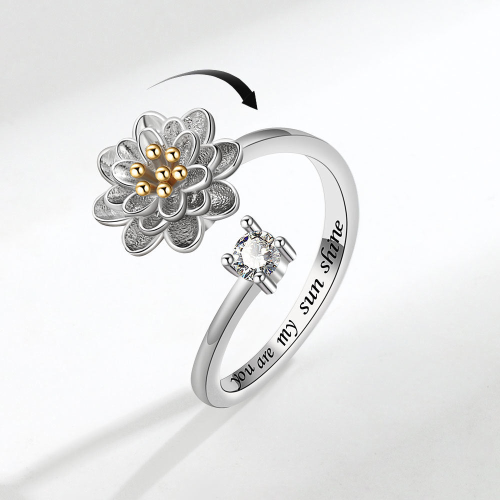 Velora Ring silver flower design with rotating petals and engraved message gift for her silver jewelry