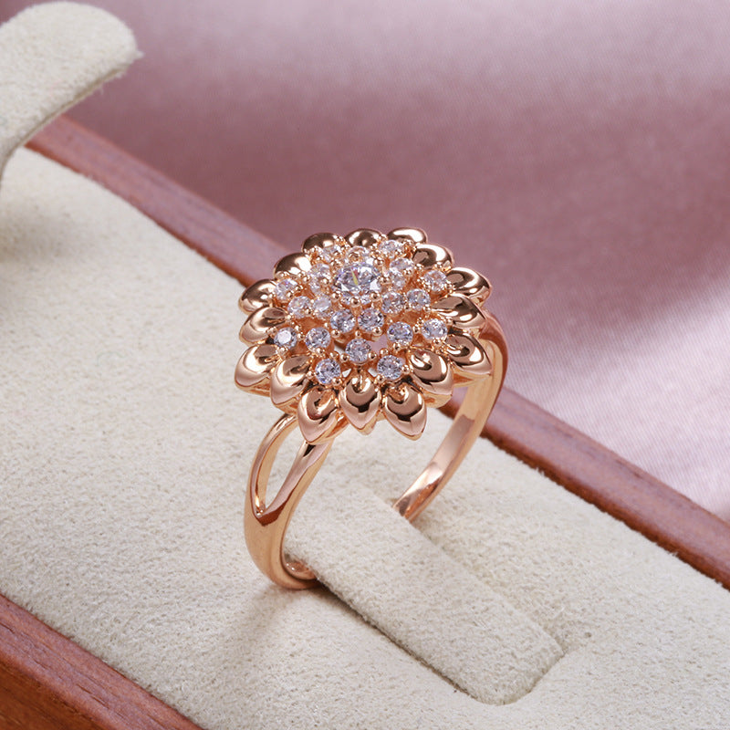 Velora women's floral cocktail ring in rose gold with sparkling clear gemstones in floral design