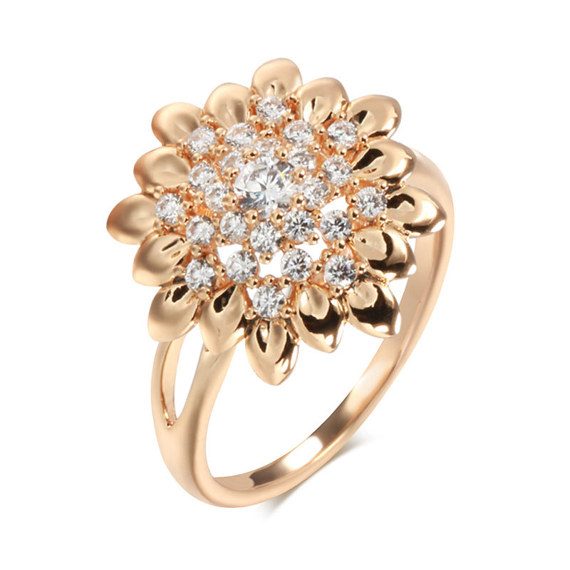 Velora Ring women's floral cocktail ring with gold petals and sparkling clear stones
