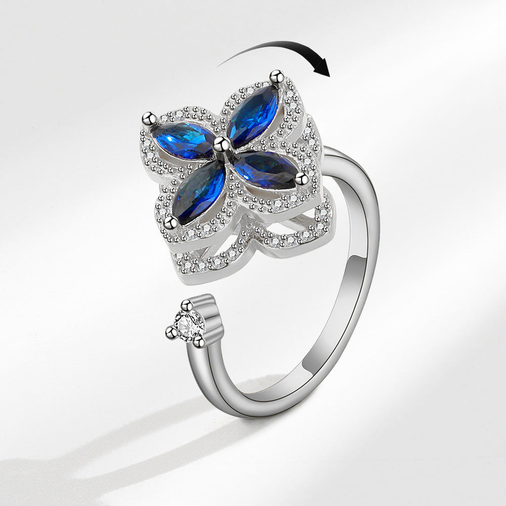 Velora zircon decompression ring for women with blue gemstone flower design and adjustable silver band